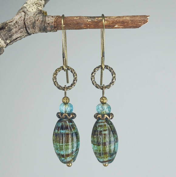HAND CRAFTED Artisan Glass Drop Dangle Earrings Aqua Turquoise Brass Bronze - Picture 3 of 6